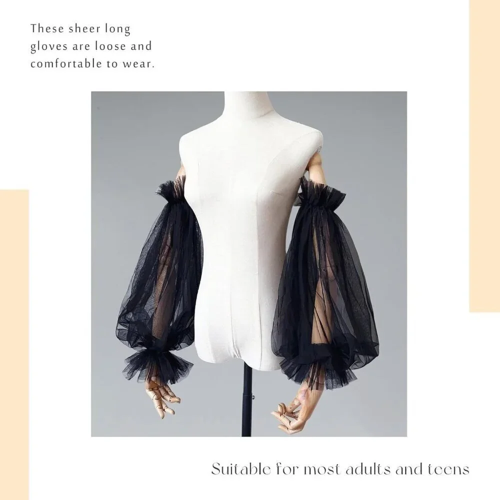 Women's Wedding Puffy Fingerless Black Detachable Long Sleeves Ruffled Gloves